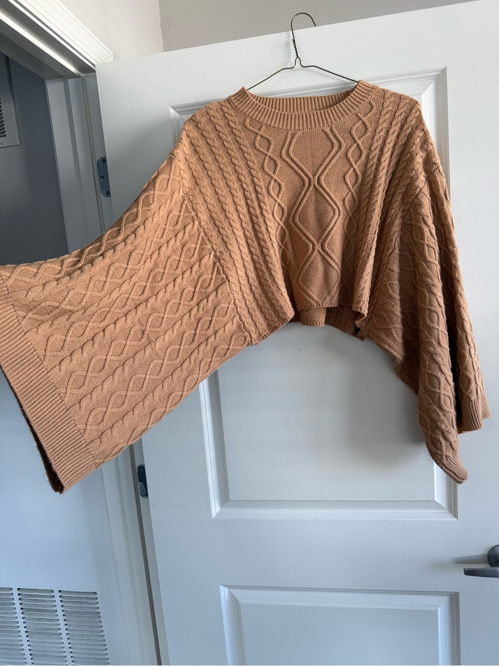Cable Knit Cropped Poncho Sweater - Camel